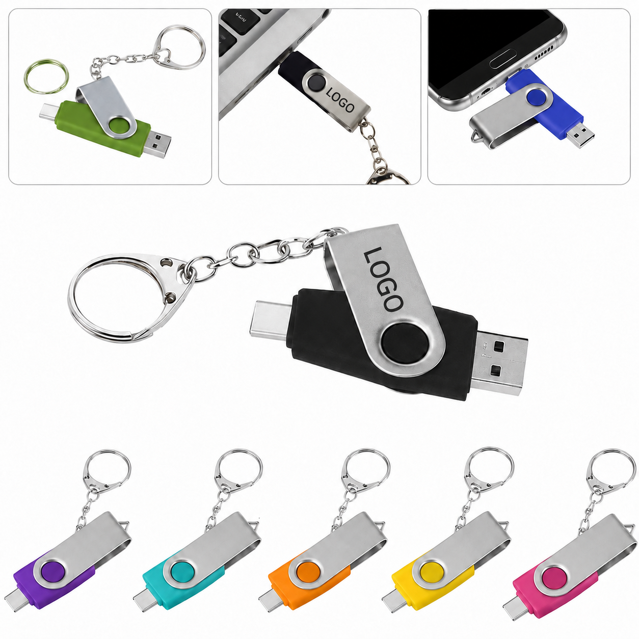 8GB Dual-Interface Swivel Flash Drive with Keyring
