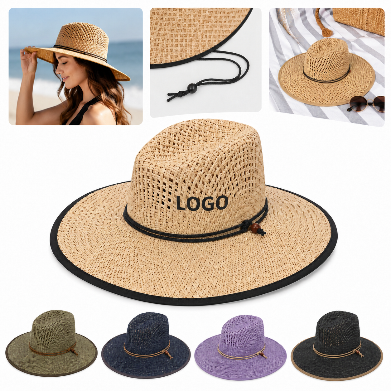 Wide-Brim Breathable Woven Straw Sun Hat with Rope Accent
