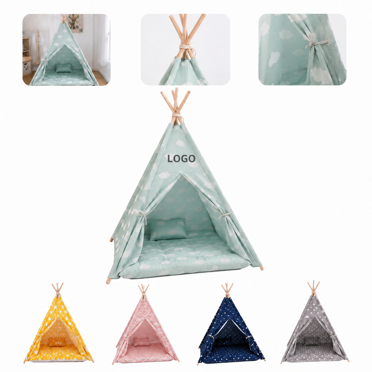 Portable Canvas Pet Teepee with Removable Padded Mat