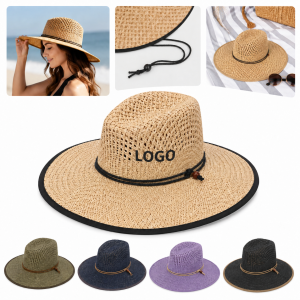 Wide-Brim Breathable Woven Straw Sun Hat with Rope Accent